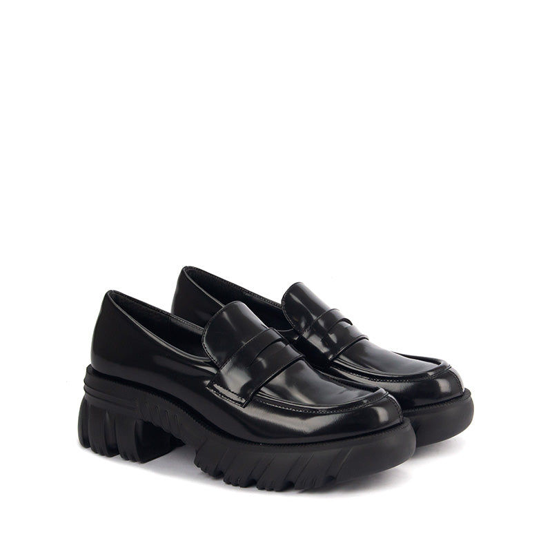 Black Patterned Leather Penny Loafers