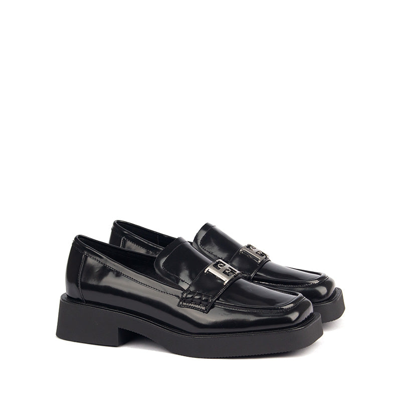 Black Patterned Leather Loafers with HS Hardware