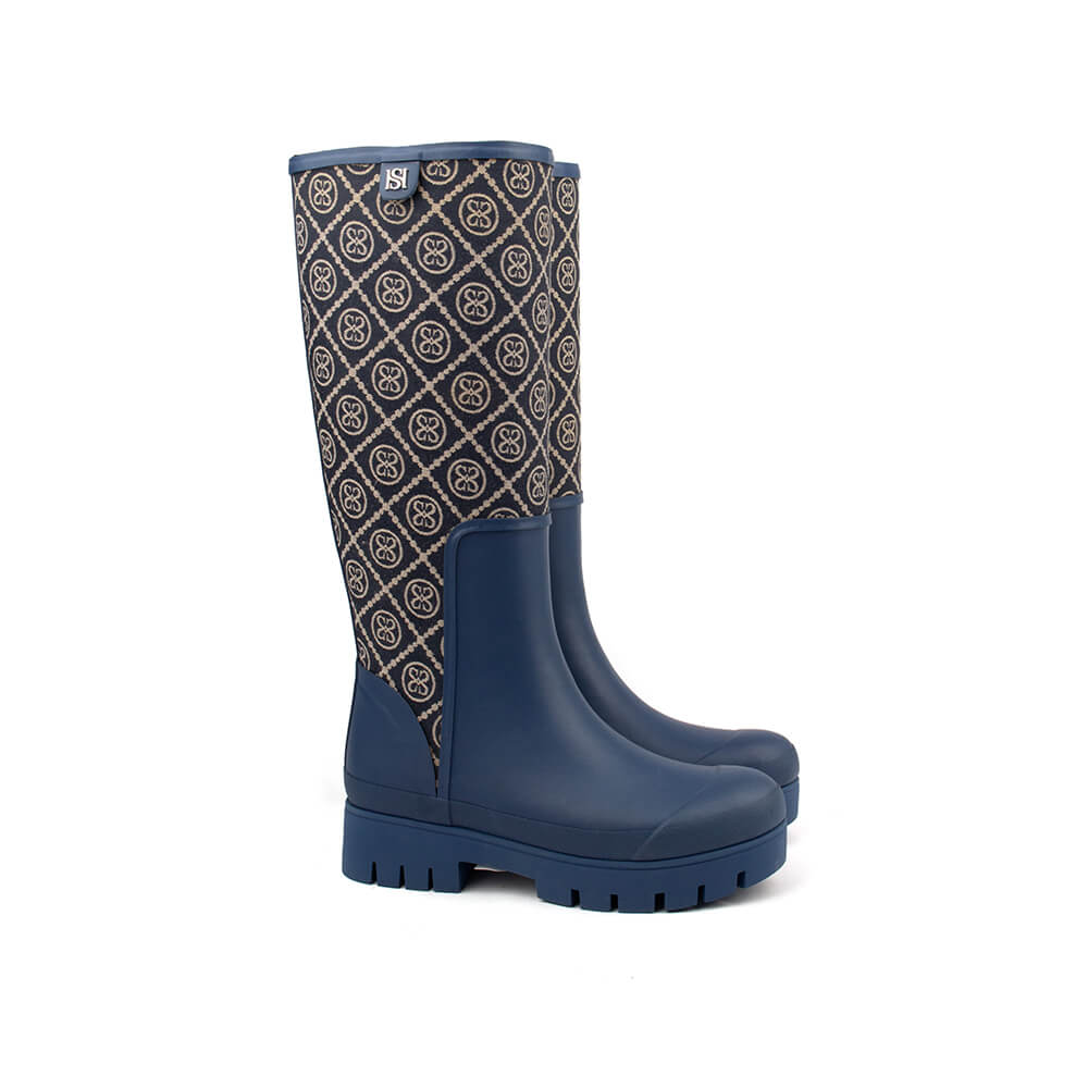 Navy dominant HS monogram jacquard knee-high rain boots women deep