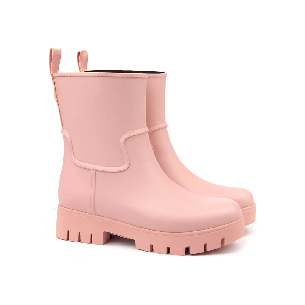 Tonal blush pink matte rubber mid wellington boots lug platform women