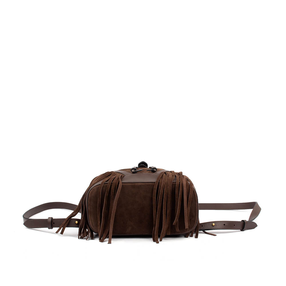 Suede fringe backpack in mocha brown with gold buckle and logo hardware