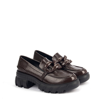 Brown Patterned Leather Loafers with Big Buckle