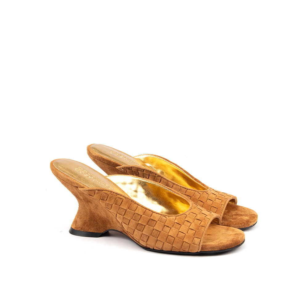 Warm tan cognac woven suede mules gold insole sculpted wedge heel