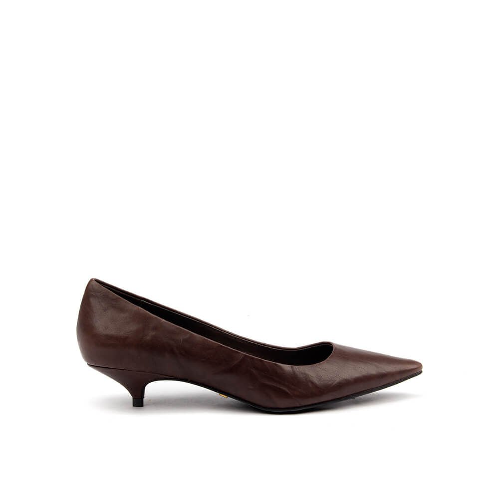 Women's dark chocolate brown leather kitten heel court shoes pointed