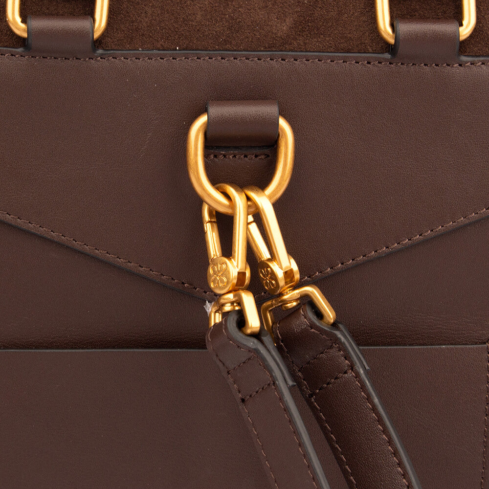 Suede fringe backpack in mocha brown with gold buckle and logo hardware