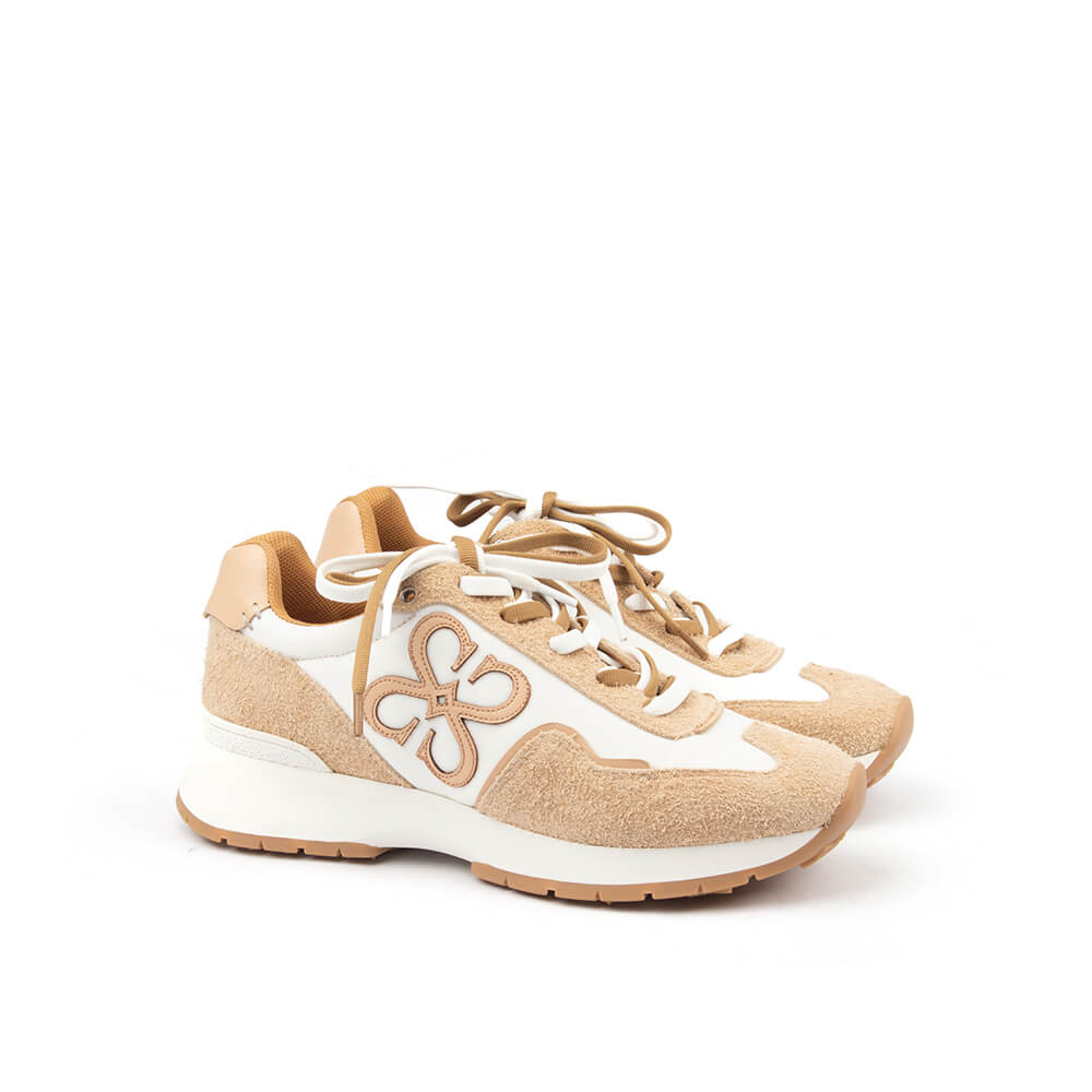 Sandy beige suede nylon runner trainers tonal HS logo appliqué women