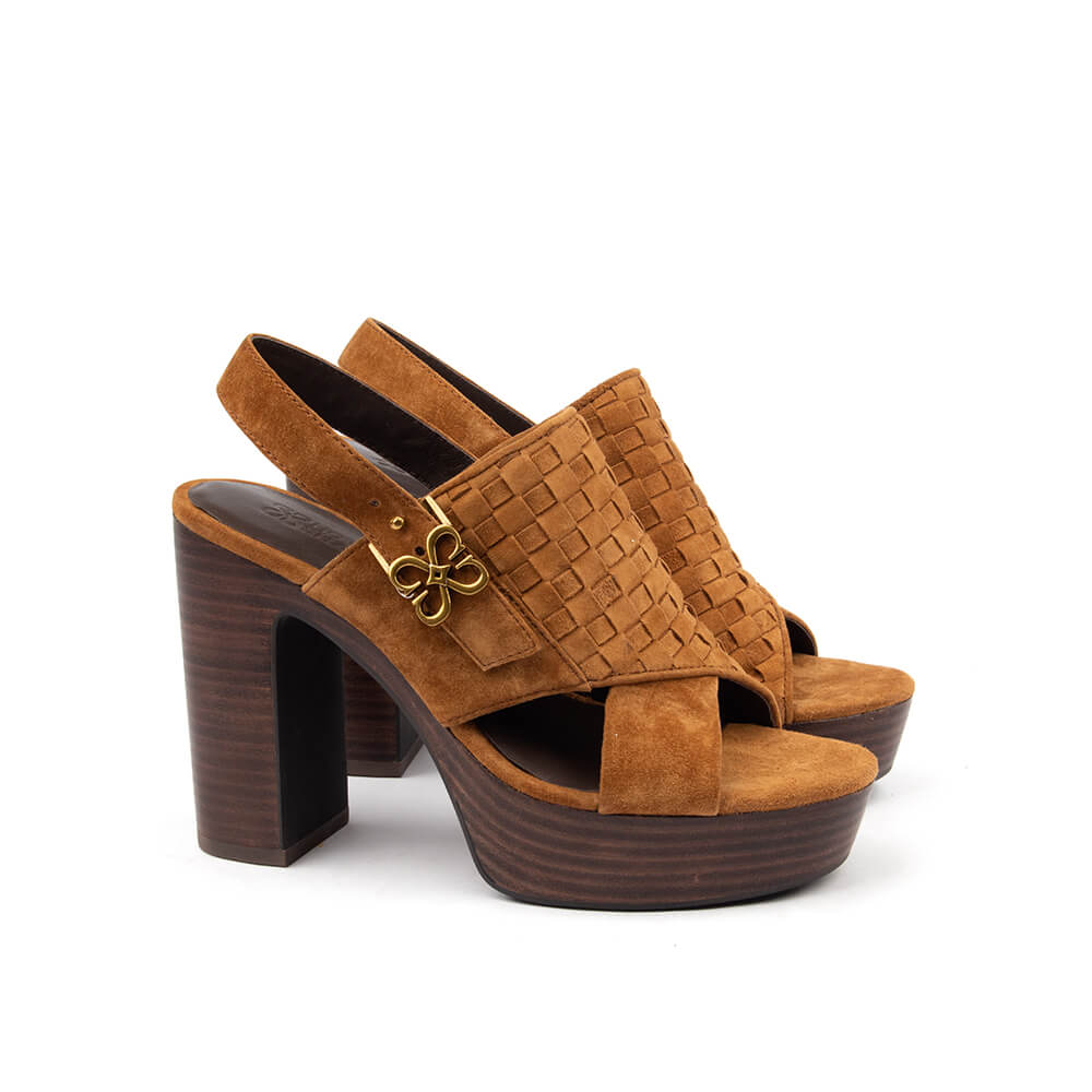 Tan cognac intrecciato suede cross-strap platform clog heel sandals