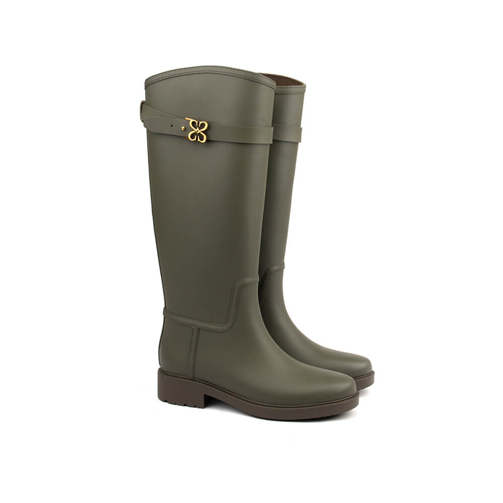 Olive khaki rubber knee-high wellington boots gold Howard Shawn logo