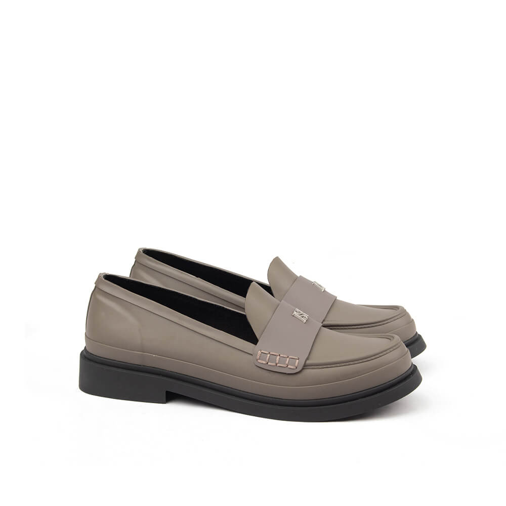 Greige taupe leather platform penny loafers black sole HS logo women