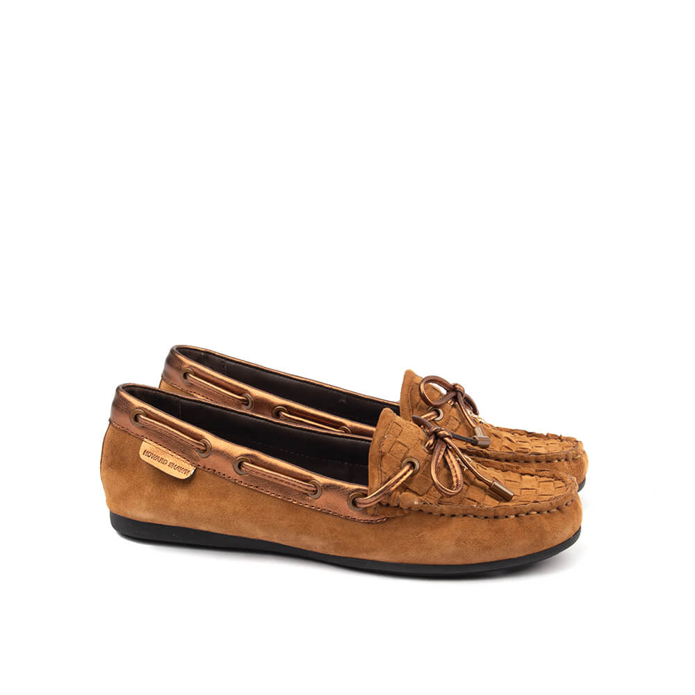 Warm tan cognac intrecciato suede moccasin loafers bronze bow women
