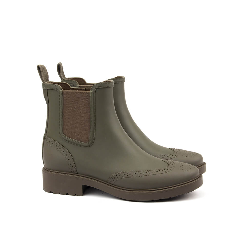 Khaki olive rubber Chelsea boots brogue wingtip perforations matte women
