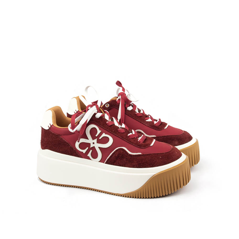 Burgundy red suede nylon platform trainers white HS logo women