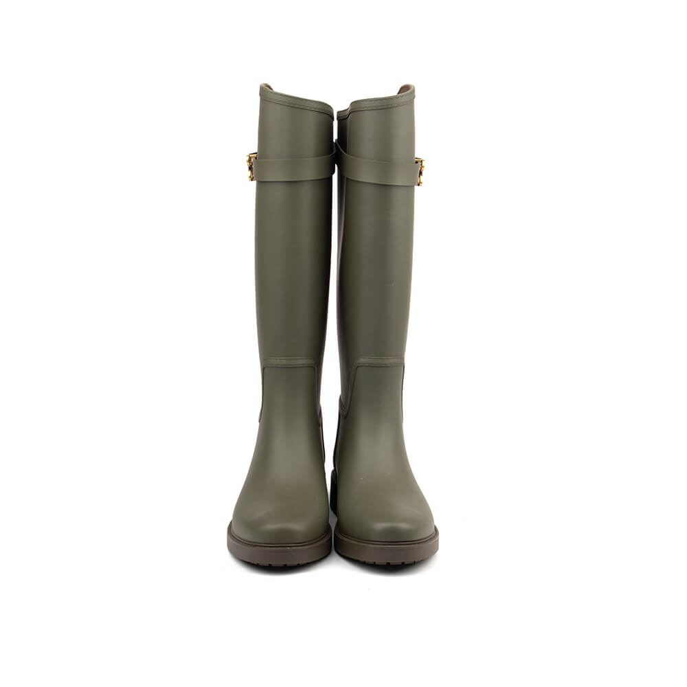 Howard Shawn riding style rain boots military khaki gold buckle women