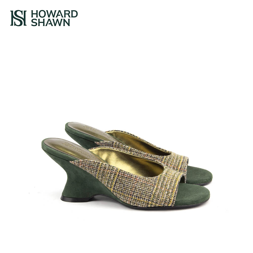 Multi-tone green tweed vamp wedge mules forest green suede heel women