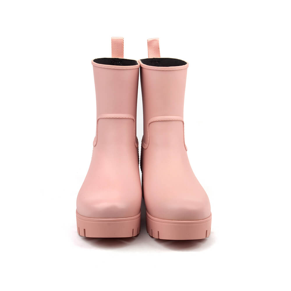 Pink mid-calf rain boots chunky lug sole pull tab blush petal women