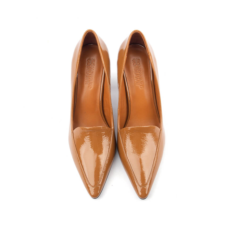 Warm tan crinkled patent leather stiletto court shoes pointed women