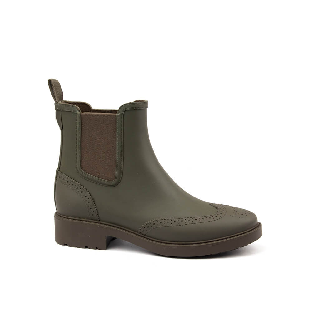 Olive green brogue rain boots Chelsea silhouette elastic gusset women