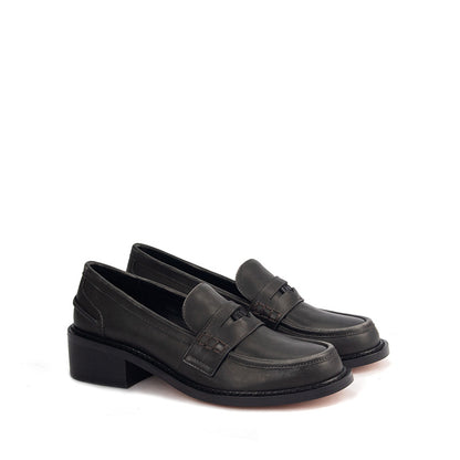 Black Brushed Leather Penny Loafers