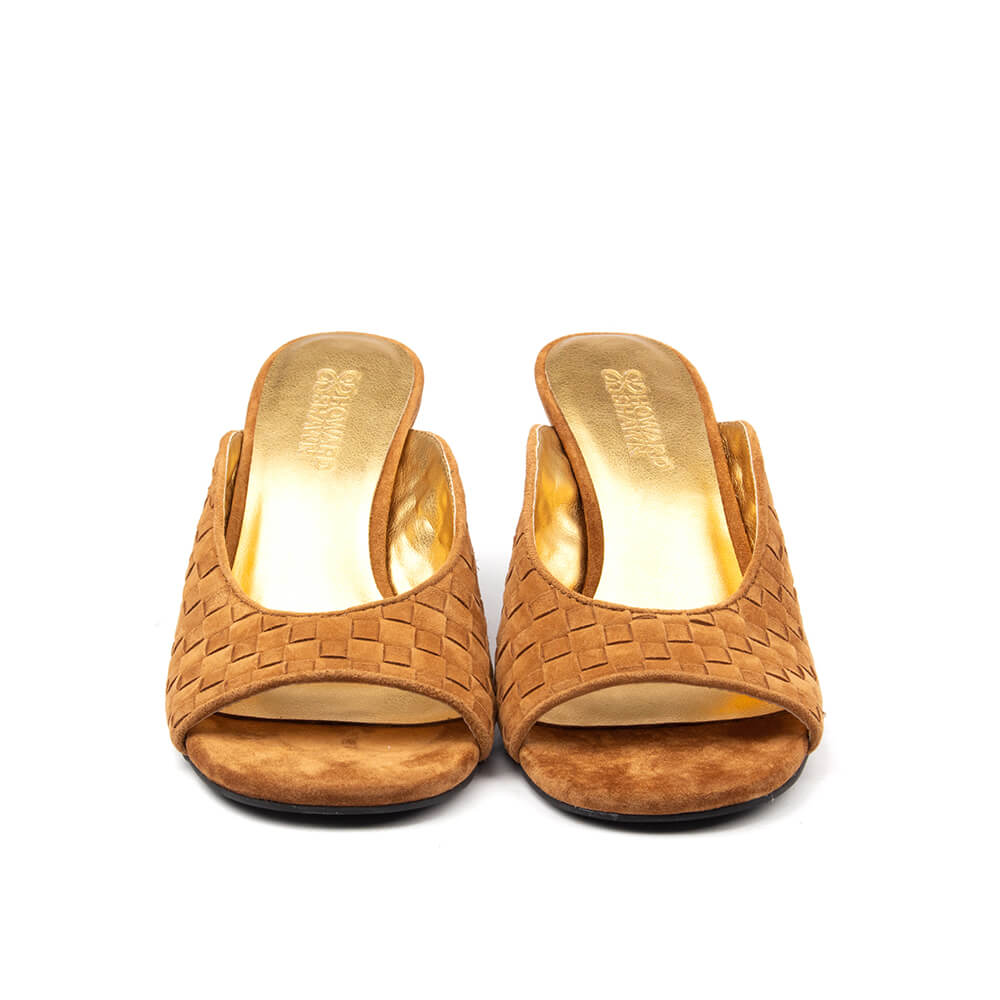 Intrecciato woven suede slip-on wedge mules cognac tan gold lining