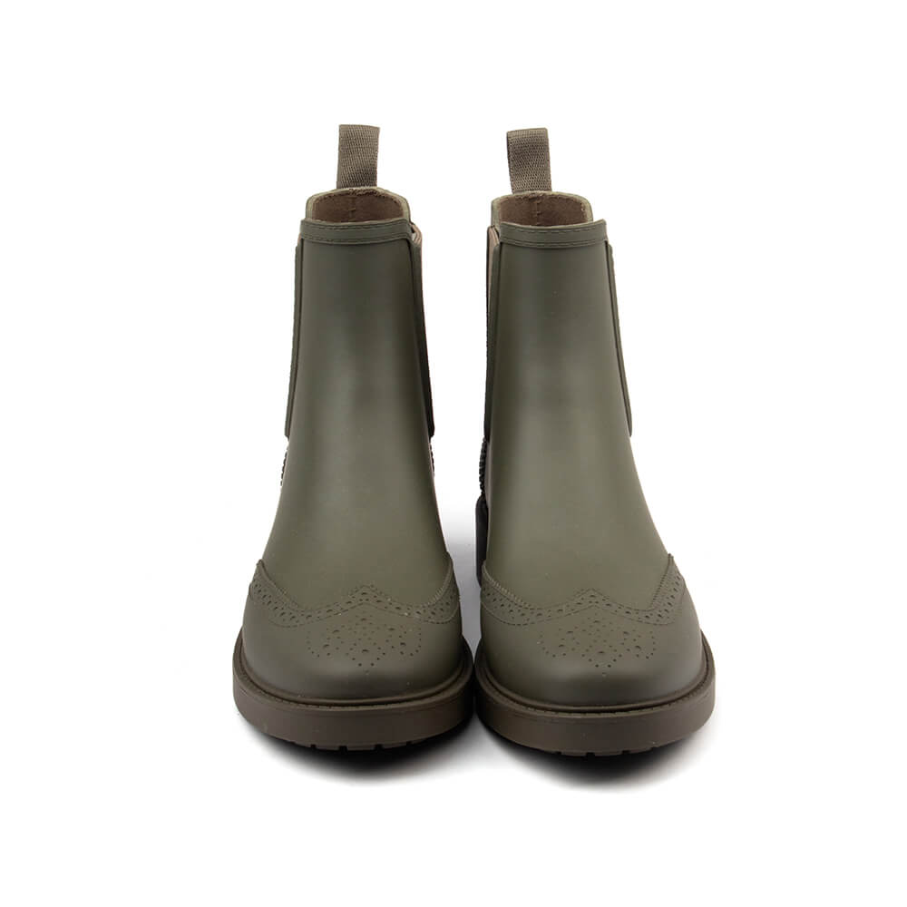Women's waterproof Chelsea boots olive khaki brogue detail rubber sole