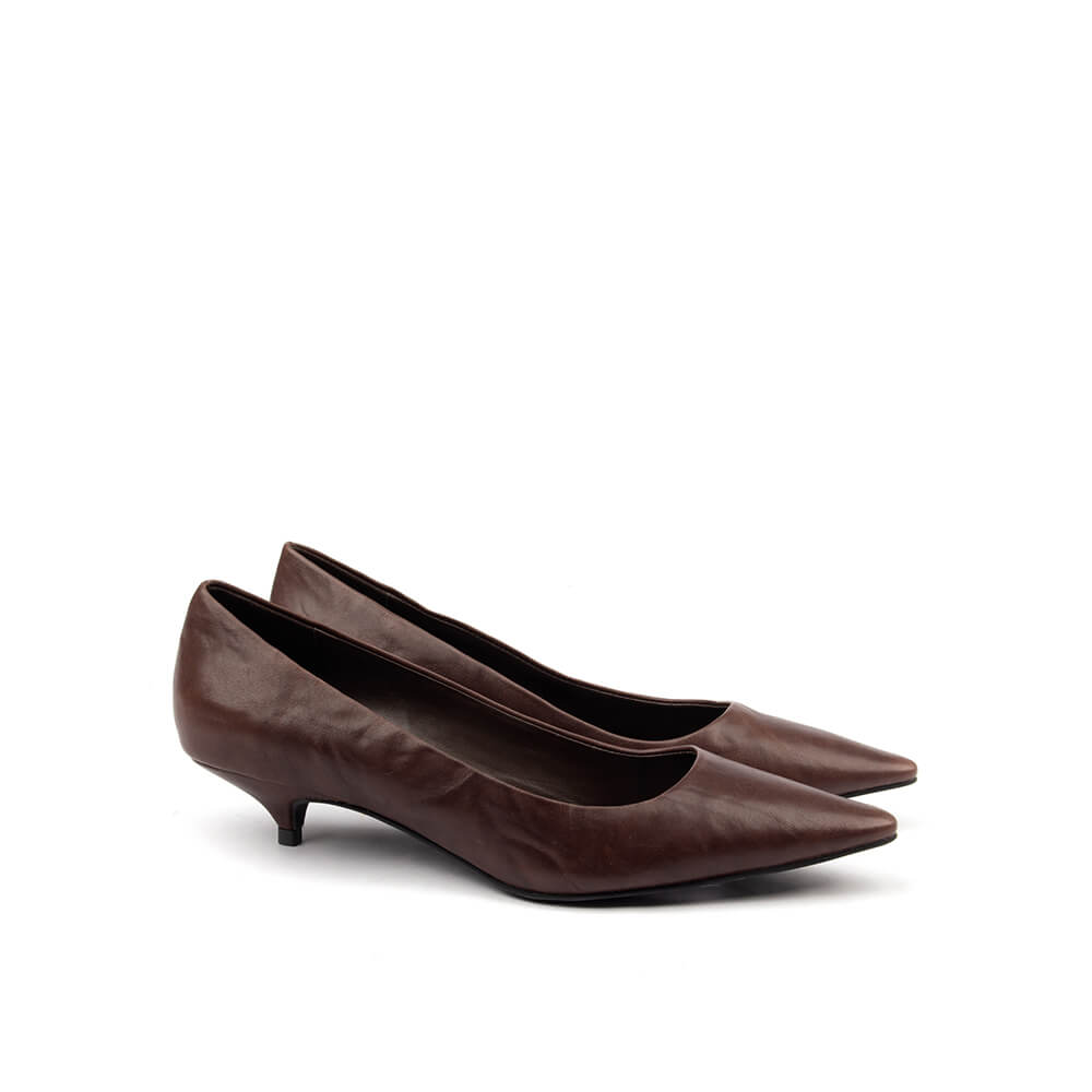 Espresso brown smooth leather pointed toe kitten heel pumps women
