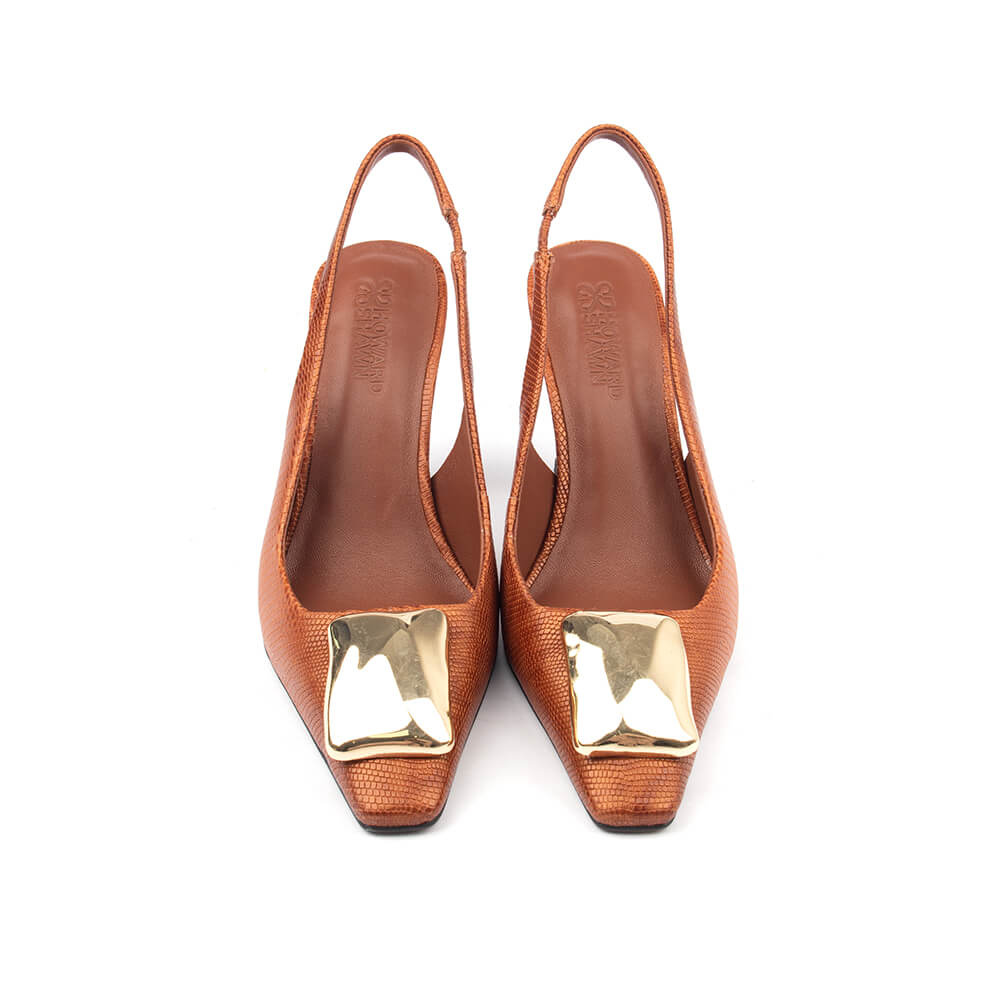 Burnt sienna reptile print slingback heels gold bar detail women