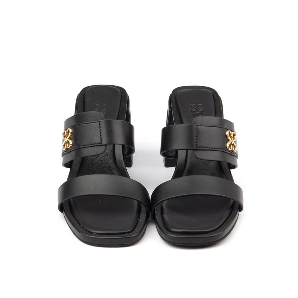 Black leather double strap block heel mule sandals HS gold logo