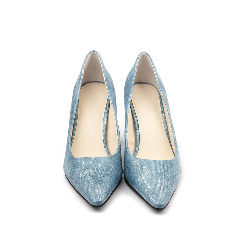 Blue shimmer court pumps women pointed toe azure mid stiletto heel