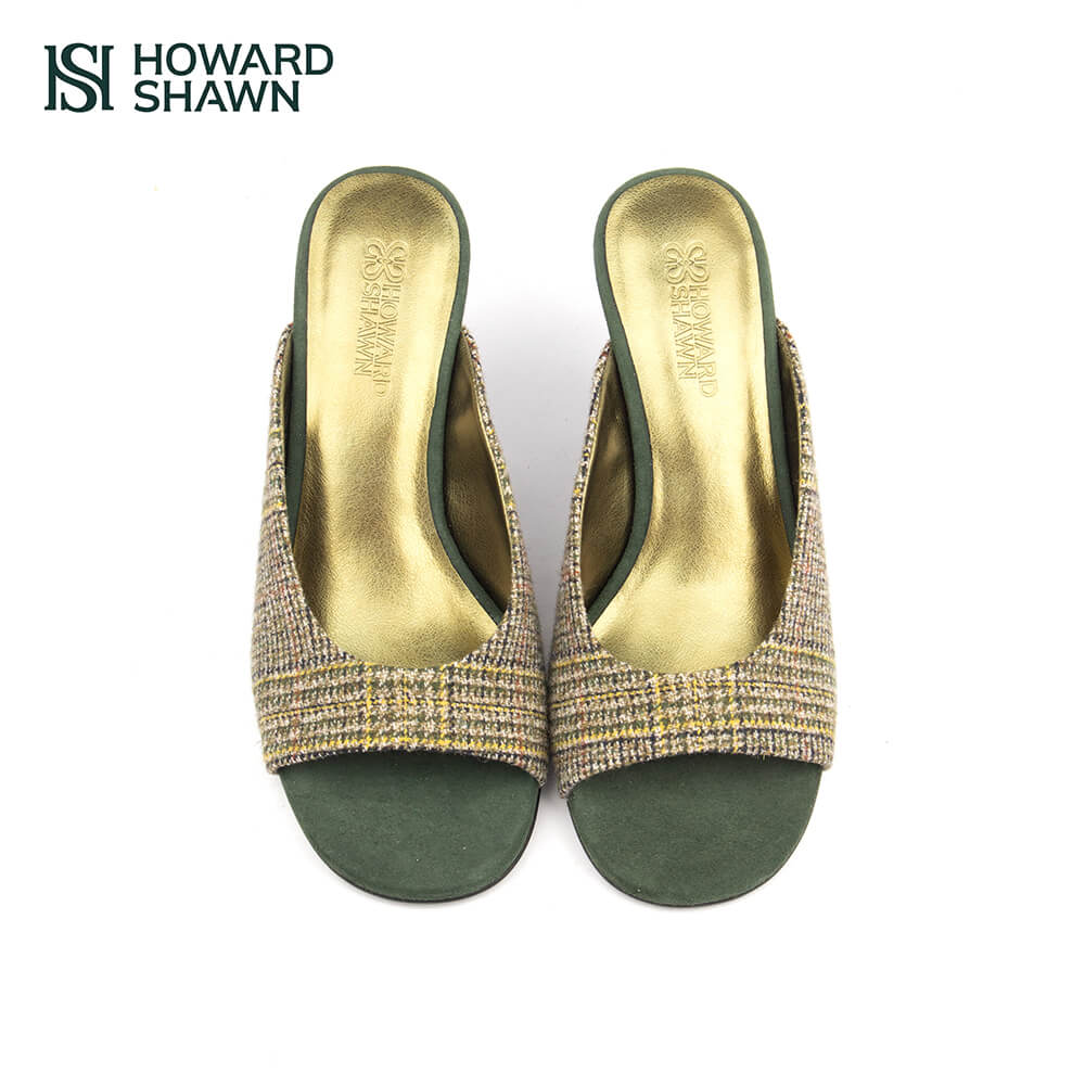 Heritage tweed sculpted wedge mules forest green suede women