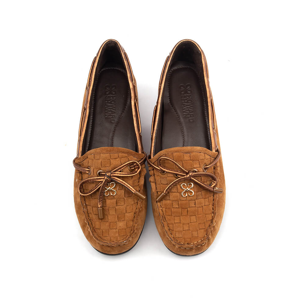 Howard Shawn woven suede boat shoe loafers cognac bronze women