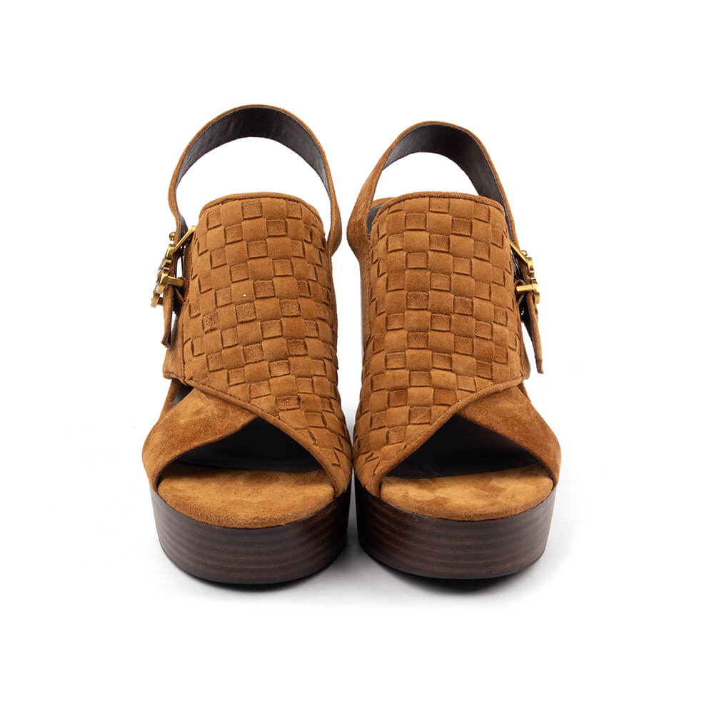 Woven suede block heel sandals cognac tan walnut platform slingback