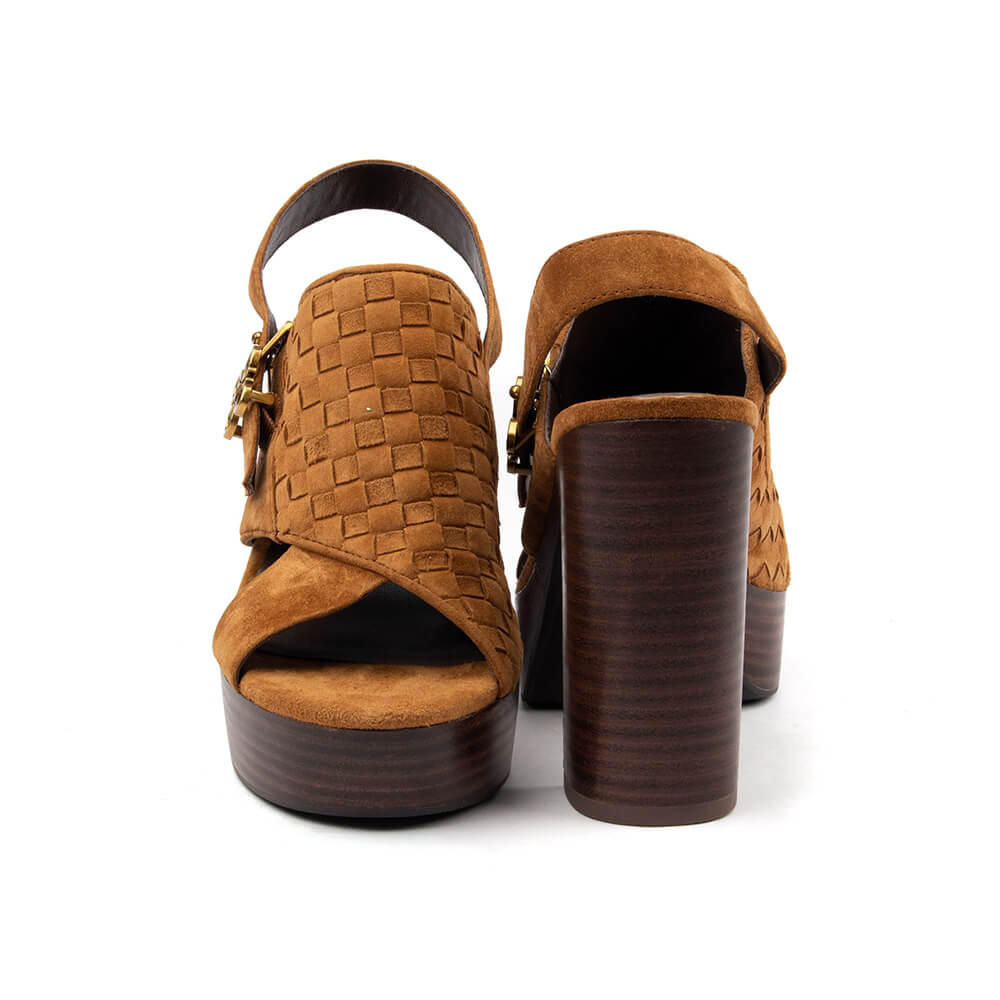 Cognac weave suede intrecciato vamp platform sandals gold logo charm