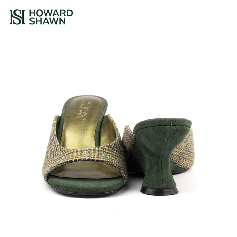 Women's tweed open toe mules forest tweed sculpted curved green wedge