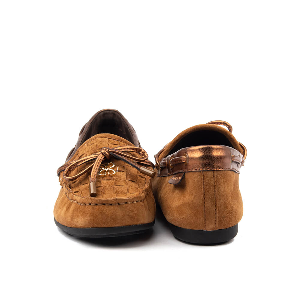 Women's Howard Shawn cognac tan moccasin loafers bronze metallic bow