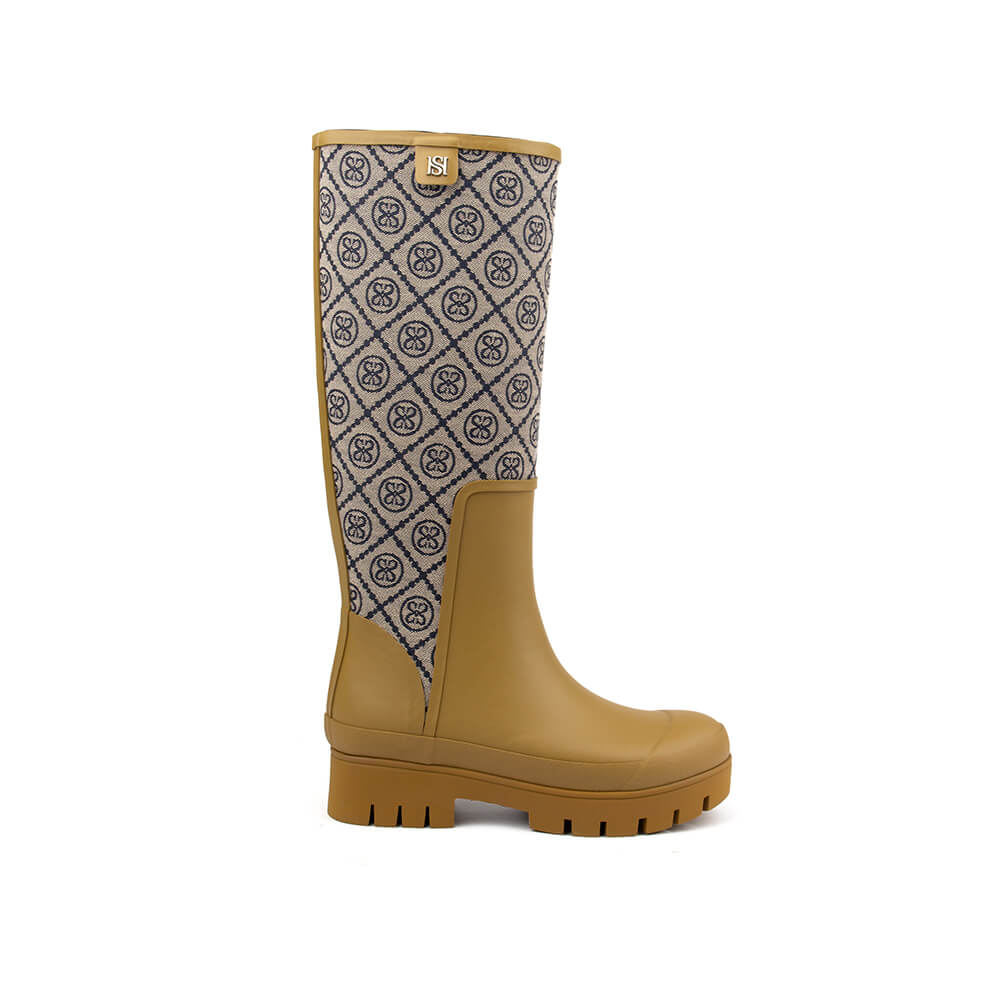 Howard Shawn camel monogram knee-high rain boots HS jacquard wellington