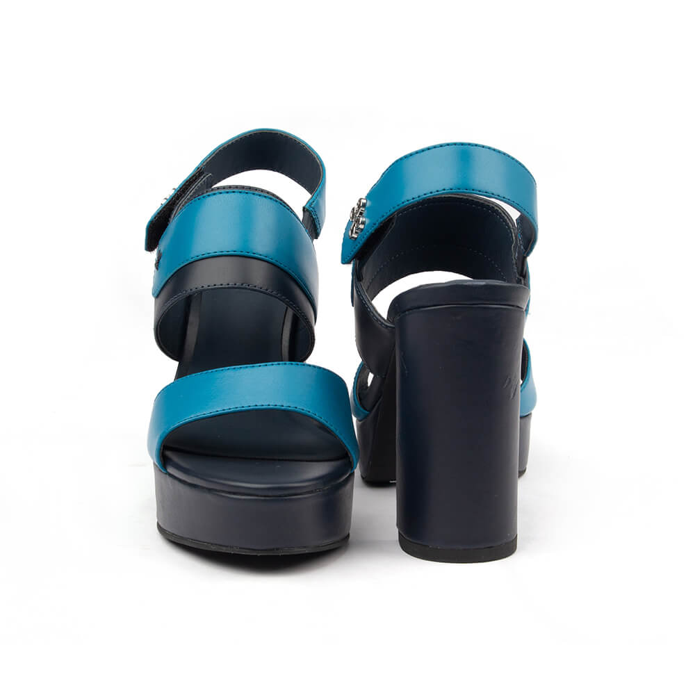 Colour block teal navy platform block heel sandals velcro slingback