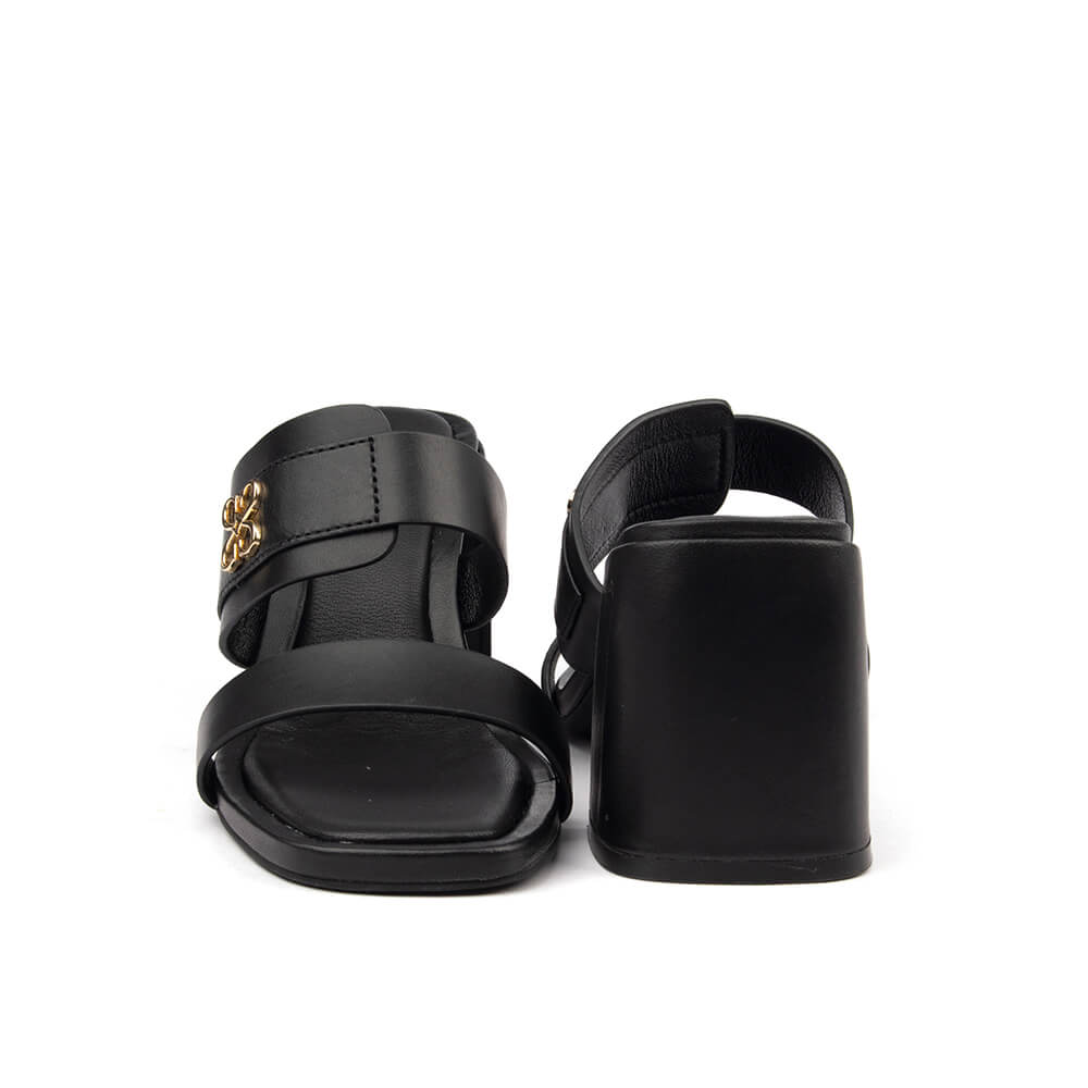 Howard Shawn all black mule heels double strap gold HS logo women