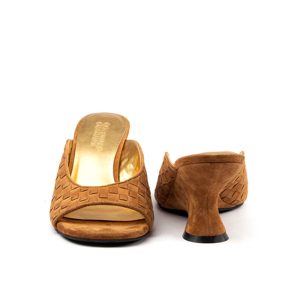 Women's artisan woven suede mules cognac tan gold metallic insole