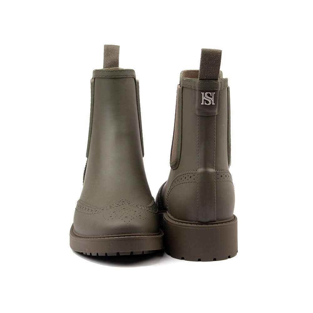 Olive rubber ankle rain boots brogue wingtip lug sole matte women