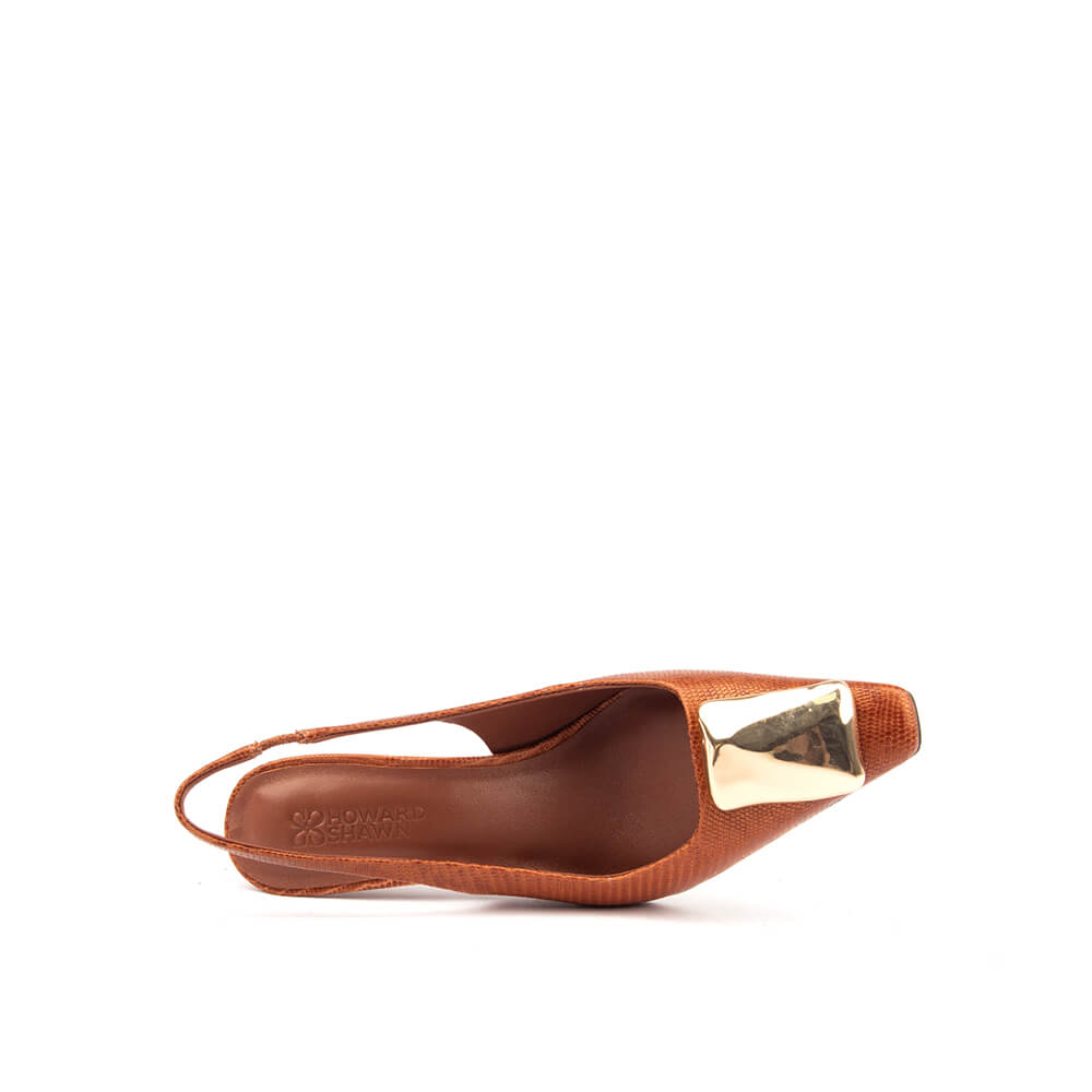 Terracotta metallic lizard leather slingback pumps gold bar pointed women