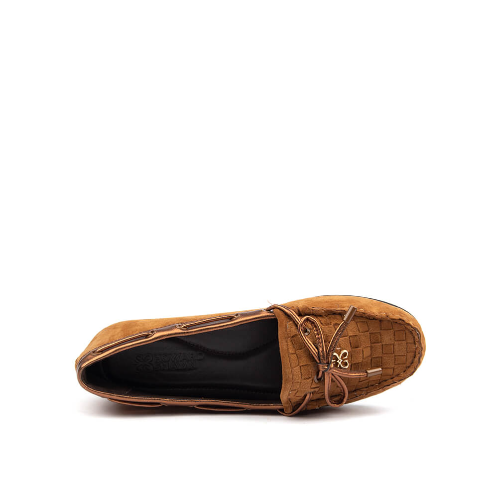 Cognac bronze woven suede loafers metallic leather bow Howard Shawn