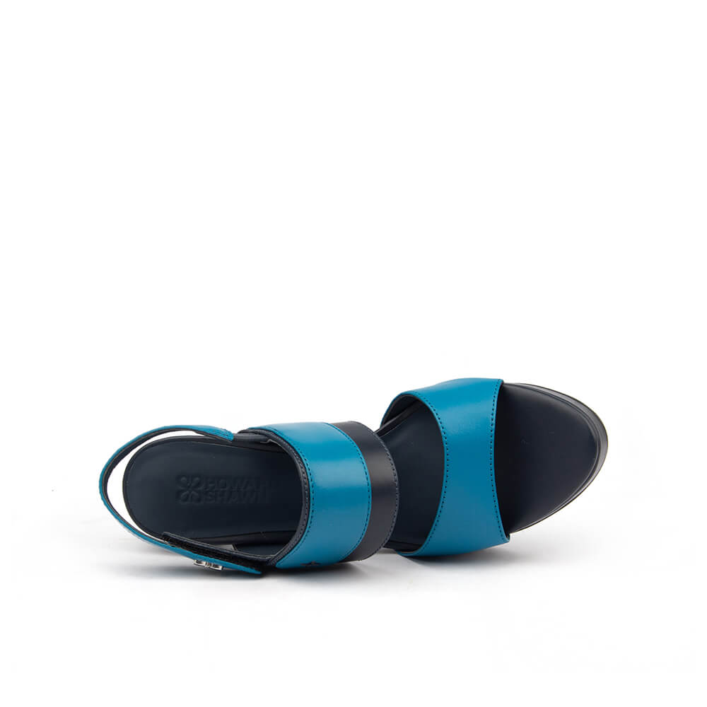 Women's logo strap platform sandals teal leather navy block heel