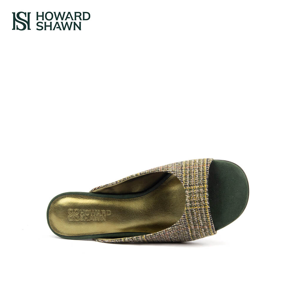 Green fleck tweed strap mules forest green sculpted suede wedge