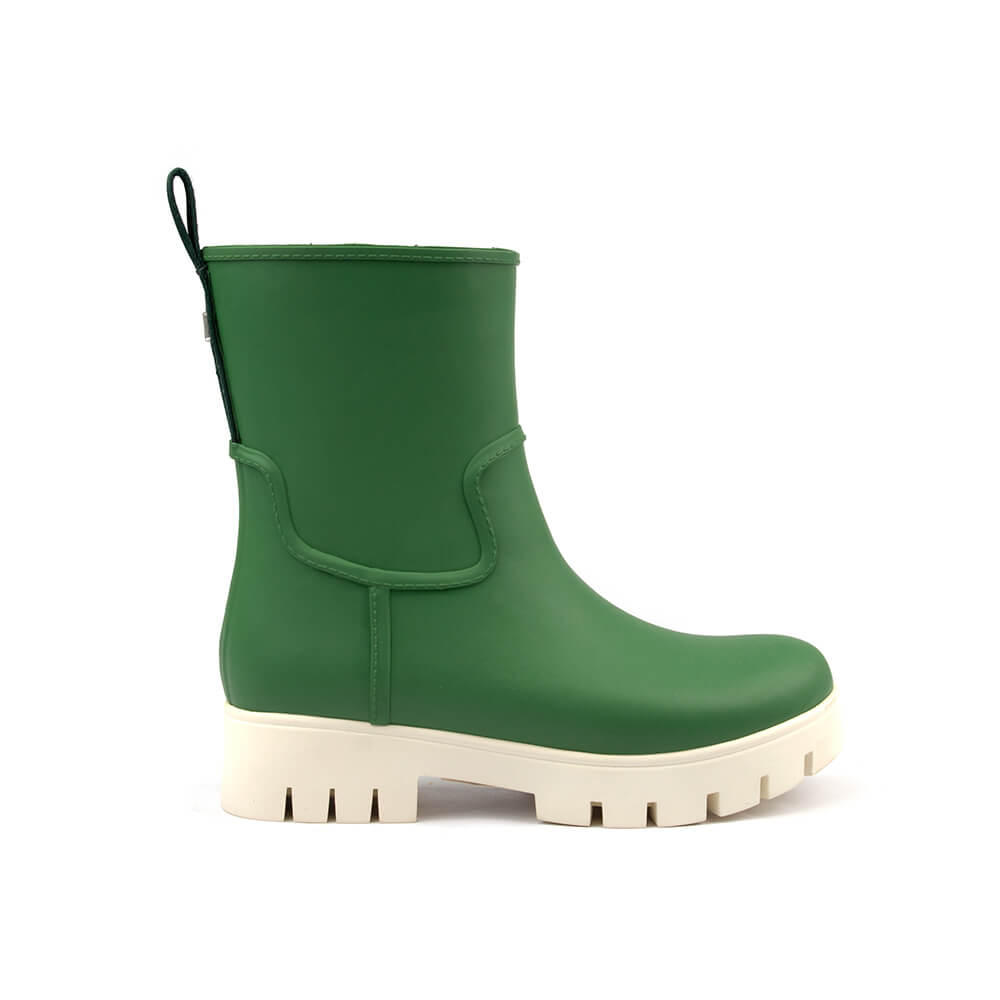 Women's garden green chunky lug sole mid rain boots cream sole