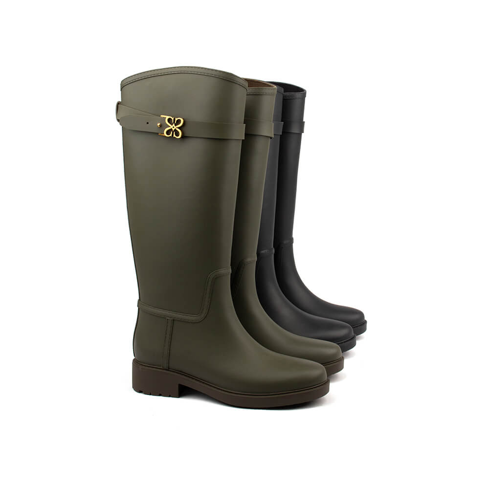 Howard Shawn knee-high wellies olive khaki gold HS logo charm strap