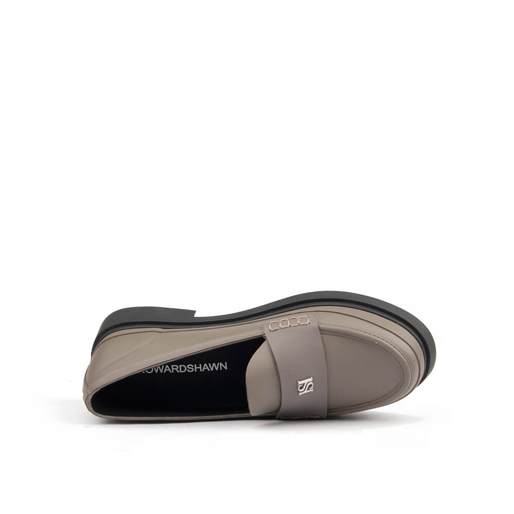 Stone grey leather chunky black platform loafers Howard Shawn women