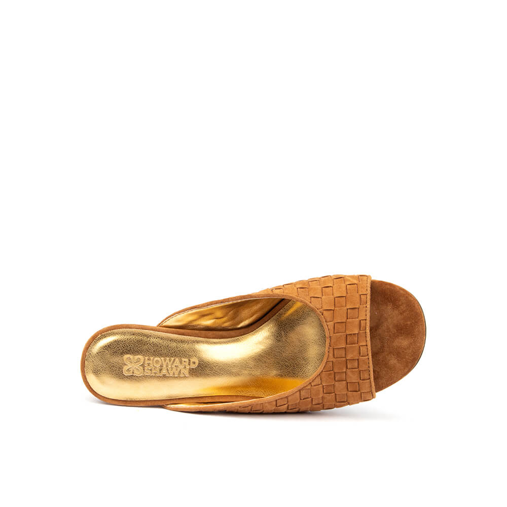 Cognac basket weave suede mules sculpted curved wedge gold insole