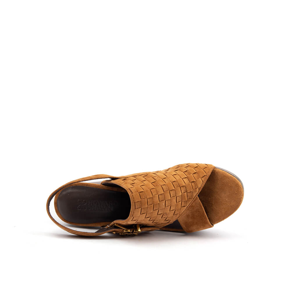 Women's luxury platform block heel sandals tan cognac woven suede