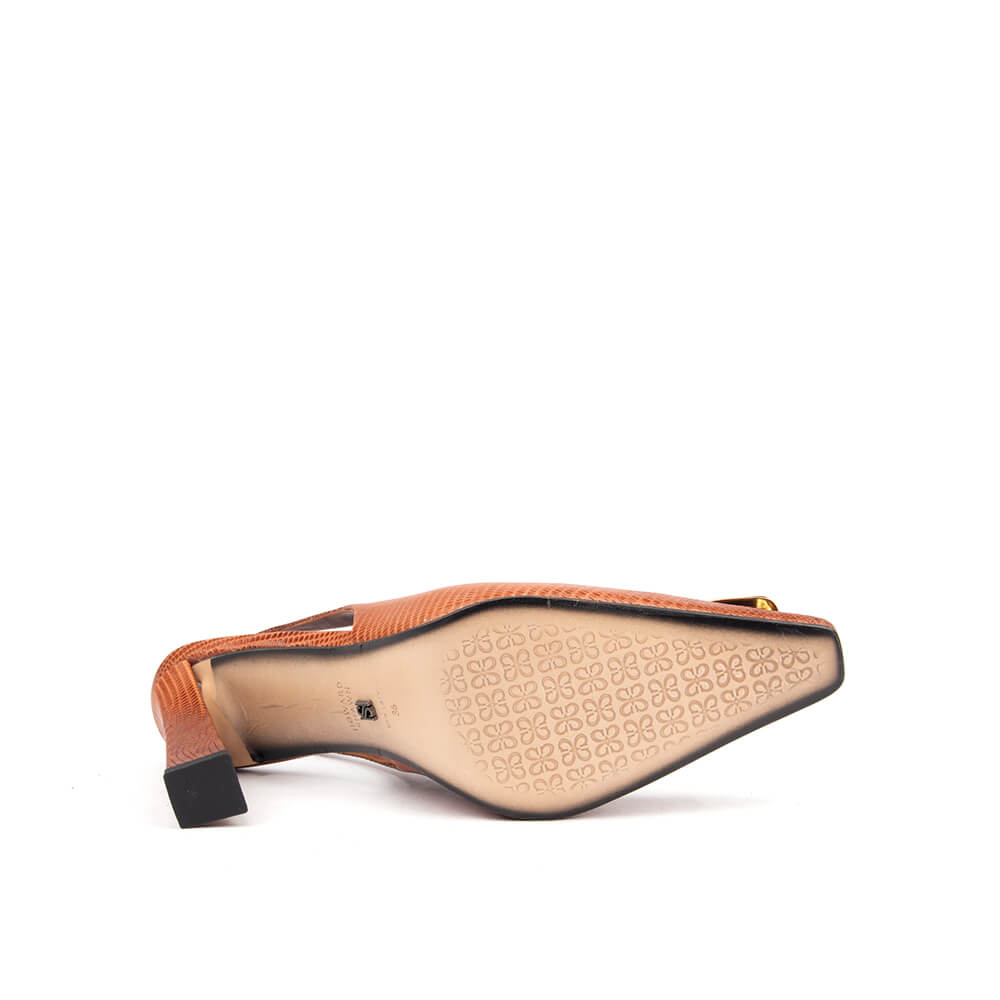 Women's statement block heel slingback burnt sienna lizard gold bar