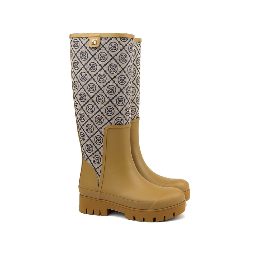 Camel tan HS monogram jacquard knee-high rain boots lug sole women